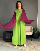 Round neck with v-shape gathered style and front buttons long sleeves cotton kaftan 3696 - قفطان