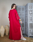 Round neck with front embroidered pocket and short sleeves embroidered stylish button cotton kaftan 2982 - قفطان