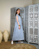 Embroidered neck and bottom design and waist gathered with tie and sleeveless cotton kaftan 2937 - قفطان