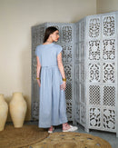 Embroidered neck and bottom design and waist gathered with tie and sleeveless cotton kaftan 2937 - قفطان