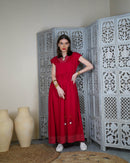 Embroidered neck and bottom design and waist gathered with tie and sleeveless cotton kaftan 2942 - قفطان