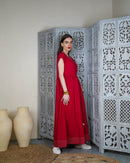 Embroidered neck and bottom design and waist gathered with tie and sleeveless cotton kaftan 2942 - قفطان