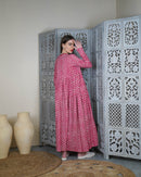 Embroidered neck with klosh design and waist gathered with long sleeves cotton kaftan 2944 - قفطان