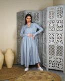 Embroidered neck with klosh design and waist gathered with long sleeves cotton kaftan 2953 - قفطان