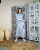 Embroidered neck with klosh design and waist gathered with long sleeves cotton kaftan 2946 - قفطان