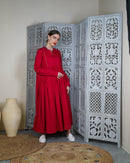 Embroidered neck with klosh design and waist gathered with long sleeves cotton kaftan 2952 - قفطان