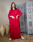 Round neck with front embroidered pocket and short sleeves embroidered stylish button cotton kaftan 2982 - قفطان