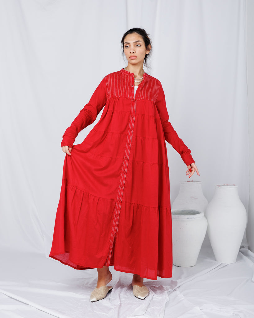 Round neck embroidered Lines and front Gathered pattern stylish Klosh design, Long sleeves and cotton kaftan 2779 - قفطان