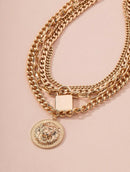 Lion Design Round Charm Layered Necklace 2838 - اكسسوارات