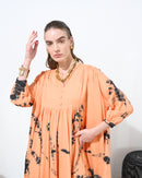 Embroidered v-neck with buttons and klosh design waist gathered with half quarter sleeves cotton kaftan 4197 - قفطان