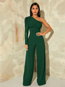 One Shpulder Contrast Mesh Puff Sleeve Jumpsuit 3189 - جمبسوت