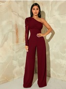 One Shpulder Contrast Mesh Puff Sleeve Jumpsuit 3190 - جمبسوت