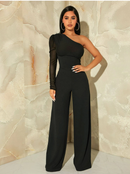 One Shpulder Contrast Mesh Puff Sleeve Jumpsuit 3191 - جمبسوت