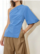 One Shoulder Puff Sleeve Split hem Blouse 3250 - بلوزة