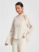 Stylish Cut out Shoulder Flounce Sleeve peplum Blouse 3260 - بلوزة