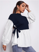 Round Neck Tie side Lantern Sleeves Blouse 3267 - بلوزة