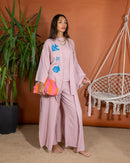 Oversized Top Stylish Printed with Sleeveless inner, Wide Leg Pants 3 Pieces Set 3384 - طقم ٣ قطع