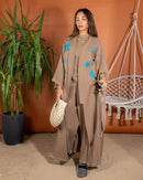 Oversized Top Stylish Printed with Sleeveless inner, Wide Leg Pants 3 Pieces Set 3387 - طقم ٣ قطع