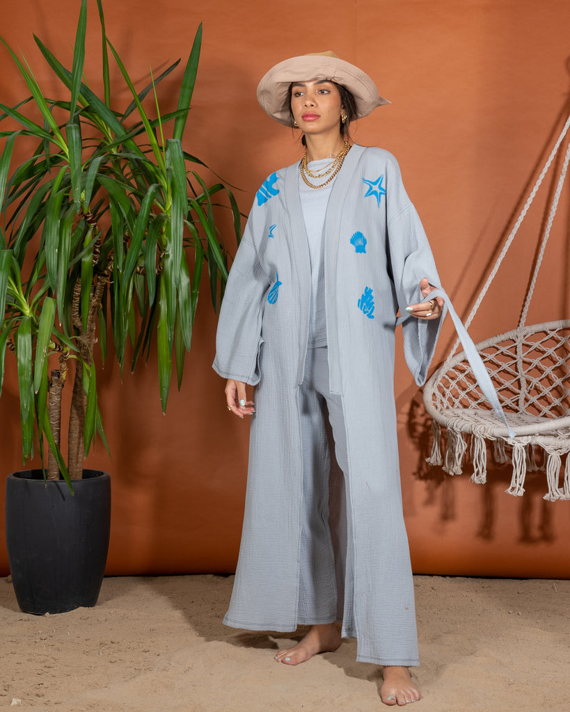 Oversized Top Stylish Printed with Sleeveless inner, Wide Leg Pants 3 Pieces Set 3388 - طقم ٣ قطع