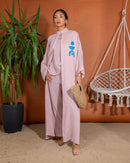 Oversized Top Front open Stylish Printed with Collar Design and Sleeveless Inner, Wide Leg Pants 3 Pieces Set 3392 - طقم ٣ قطع