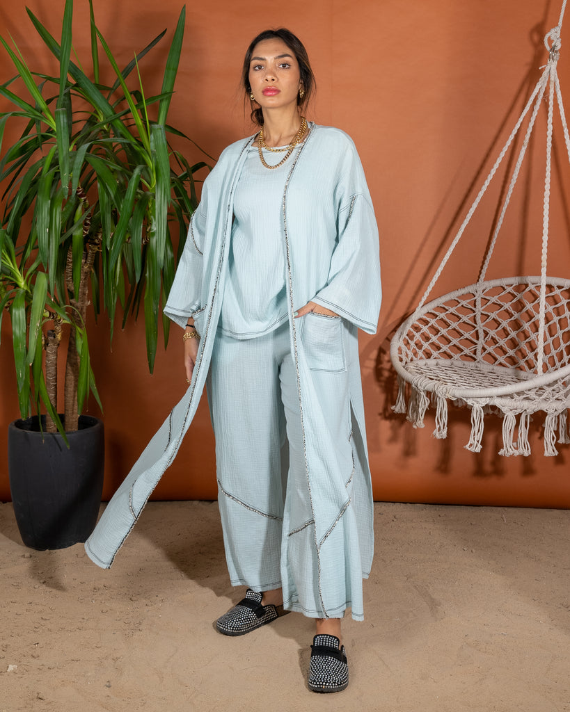 Oversized Open Front Top and Embroidered Design with Sleeveless Inner, Wide Leg Pants 3 Pieces Set 3402 - طقم ٣ قطع