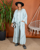 Oversized Open Front Top and Embroidered Design with Sleeveless Inner, Wide Leg Pants 3 Pieces Set 3402 - طقم ٣ قطع