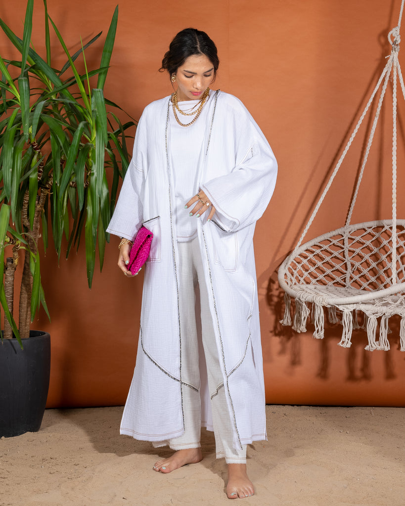 Oversized Open Front Top and Embroidered Design with Sleeveless Inner, Wide Leg Pants 3 Pieces Set 3405 - طقم ٣ قطع