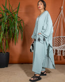 Oversized Top and Embroidered Stylish with Printed Design Sleeveless Inner, Wide Leg Pants 3 Pieces Set 3410 - طقم ٣ قطع