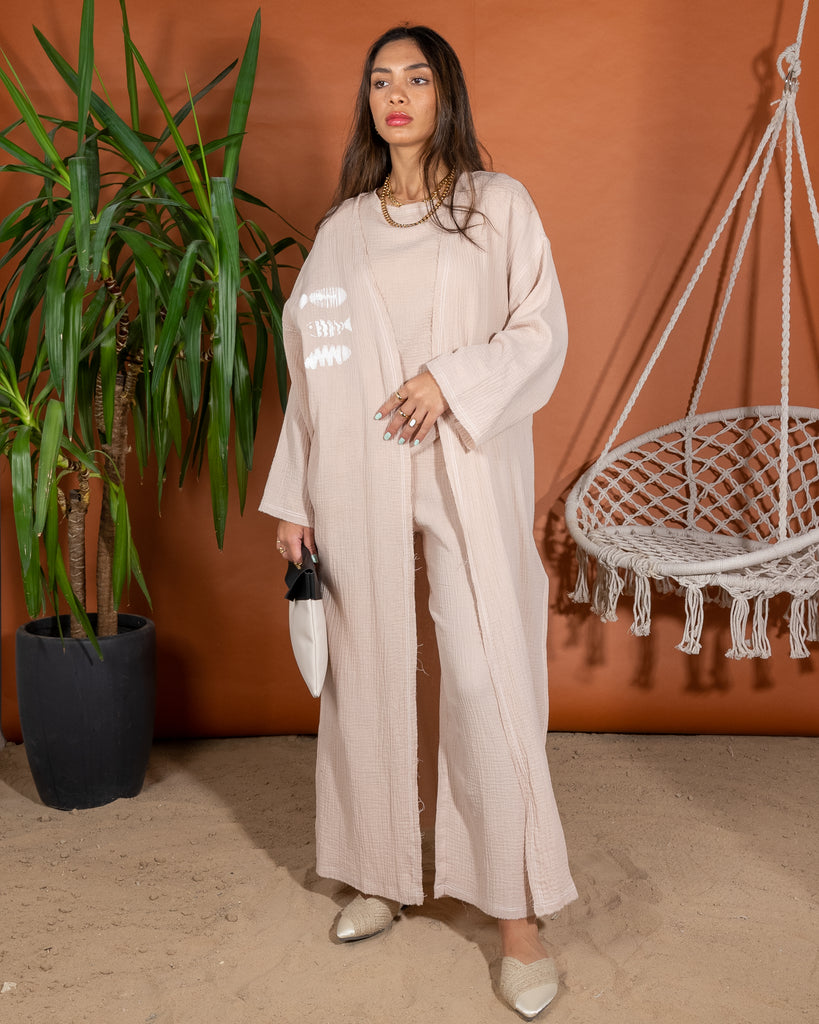 Oversized Printed Design Top with Open Front and Sleeveless Inner, Wide Leg Pants 3 Pieces Set 3417 - طقم ٣ قطع