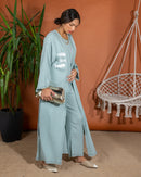 Oversized Printed Design Top with Open Front and Sleeveless Inner, Wide Leg Pants 3 Pieces Set 3418 - طقم ٣ قطع