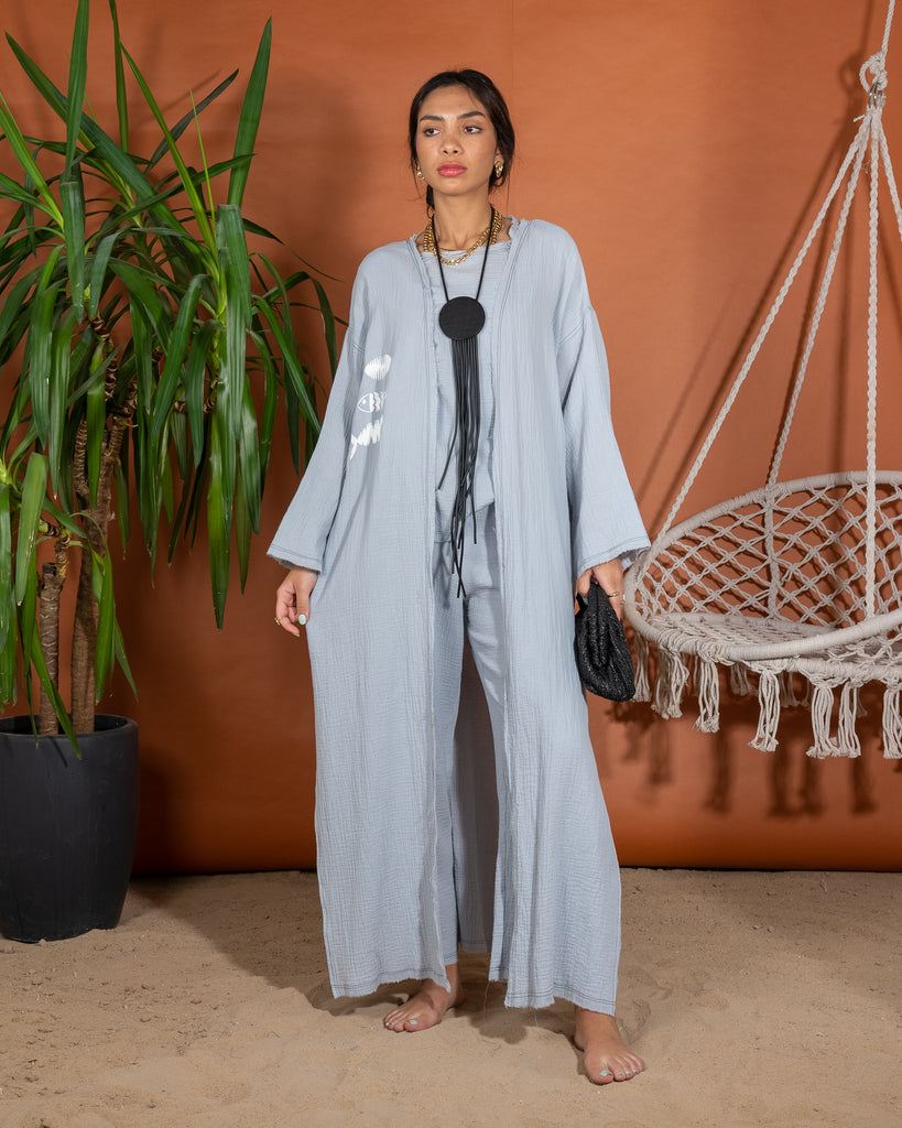 Oversized Printed Design Top with Open Front and Sleeveless Inner, Wide Leg Pants 3 Pieces Set 3420 - طقم ٣ قطع