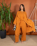 Oversized Top with Open Front and Pockets Sleeveless Inner, Wide Leg Pants Short 3 Pieces Set 3439 - طقم ٣ قطع