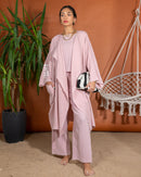 Oversized Top with Open Front and Pockets Sleeveless Inner, Wide Leg Pants Short 3 Pieces Set 3440 - طقم ٣ قطع
