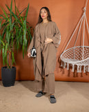 Oversized Top with Open Front and Pockets Sleeveless Inner, Wide Leg Pants Short 3 Pieces Set 3443 - طقم ٣ قطع