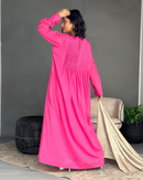 Round neck with square shape front gathered style and long sleeves cotton kaftan 3698 - قفطان