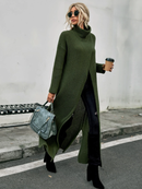 High neck drop shoulder split hem wrap longline sweater without belt 3606 - سويتر