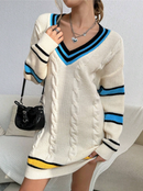 V-neck Striped Trim Cable Knit Drop Shoulder Sweater 3614 - سويتر