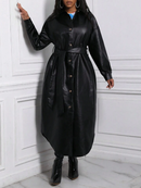 Stylish Drop Shoulder Waist Belted Leather Coat 3637 - كوت