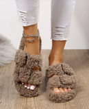 Buckle Decor Fluffy Design Solid Color Slippers 3641 - سلبرز