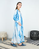 Stylish V-neck with front button and gathered style and long sleeves cotton kaftan 4216 - قفطان