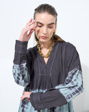 V-neck design with front gathered style and long sleeves cotton kaftan 4224 - قفطان