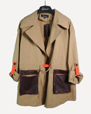 Lapel Neck roll tab sleeve with front leather dual pockets trench coat 3825 - ترنش كوت