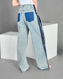 High waisted loose fit with side belted jeans pants 4097 - بنطلون