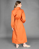 High neck with zipper and waist gathered tie, long sleeves elastic cuff dress 4132 - فستان