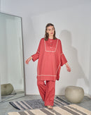 Round neck with buttoned shirt with lace design and Elastic waist wide leg pants Activewear 4236 - ملابس رياضية