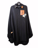 Collar with front Bird design and leather pocket, Wide sleeves with gathered Shirt 4260 - قميص