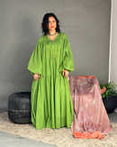V-neck with buttons design and front gathered style full sleeves cotton kaftan 3650 - قفطان