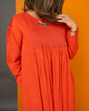 Round neck with square shape front gathered style and long sleeves cotton kaftan 3700 - قفطان