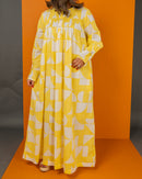 Round neck with v-shape gathered style and front buttons long sleeves cotton kaftan 3695 - قفطان