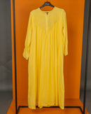 Round neck with v-shape gathered style and front buttons long sleeves cotton kaftan 3694 - قفطان